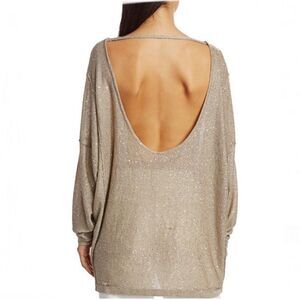 Free People All That Glitters gold Champagne sequin sweater Top open back XL